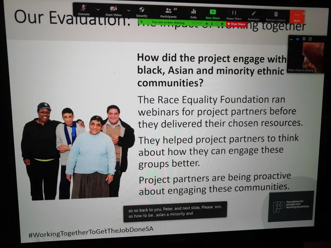 Presentation slide on a screen. Our evaluation. How did the project engage with BAME communities. The race equality foundation team sessions before partners delivered their chosen resources. 