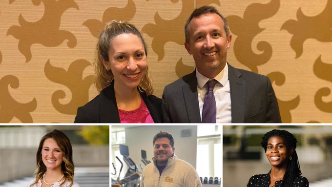  A collage of four photos. At the top, Sharon Ross and Chris Kline pose for a photo during the ACSM Annual Meeting. Headshots of three students appear at the bottom: Caitlin Cheruka, JP Marrero-Rivera, and Rachel Sanders