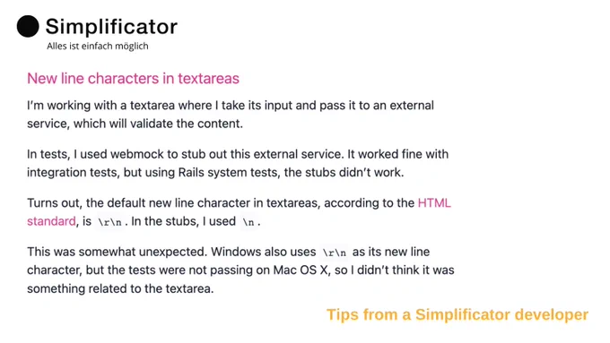 New line characters in textareas
https://til.simplificator.com/posts/76
