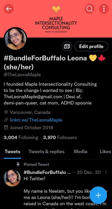 A screenshot of Leona's Twitter profile. Her follower count is currently 3,970.