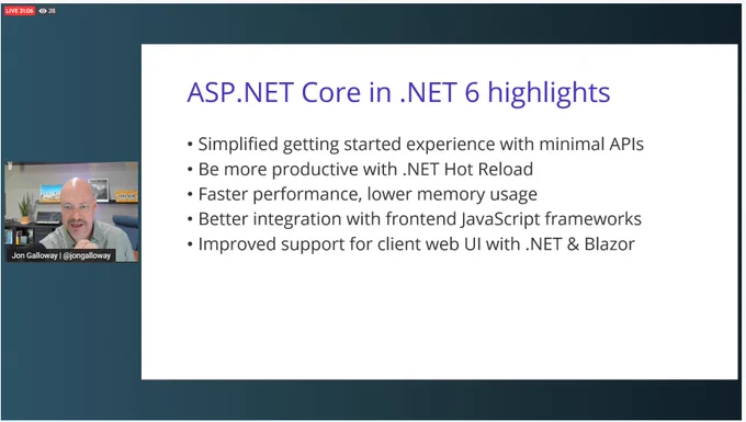 An image of highlight bullet points, including Simplified getting started with minimal APIs; productivity with .NET Hot Reload; faster performance and lower memory usage; better integration with JavaScript frameworks; improved support for client web UI with .NET & Blazor