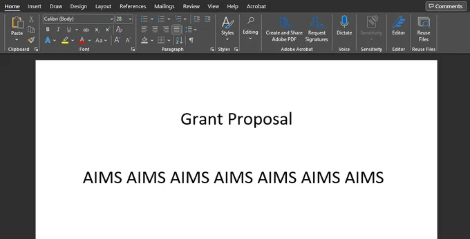 Screenshot of Microsoft Word document with title "Grant Proposal" and repeated text "AIMS" that has been justified