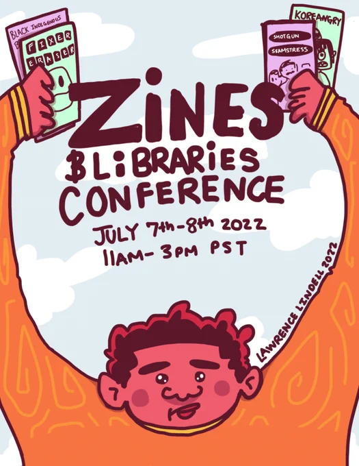 A person holds zines over their head. Artist is Lawrence Lindell, created in 2022. 