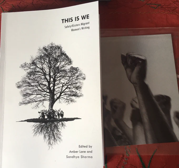 Picture of anthology cover of a tree and roots , next to image of fist rising in strength and protest