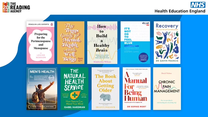 10 book covers on a background with blue wave shapes. A white banner at the top with The Reading Agency's logo and the NHS Education England logo.