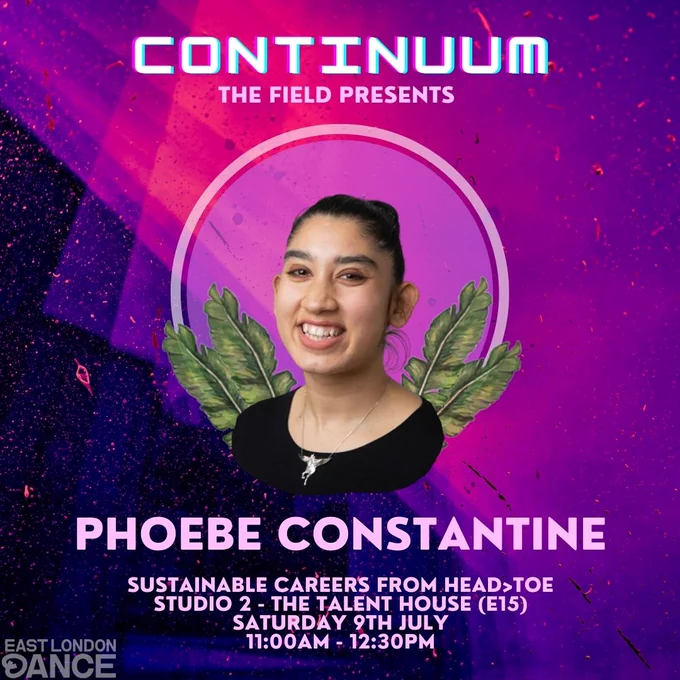 Promotional image for Continuum Festival. Headshot of Phoebe Constantine on a purple glitchy background. Text reads 'Sustainable Careers from Head to Toe, Studio 2- The Talent House (E15), Saturday 9th July, 11 am to 12:30 pm.