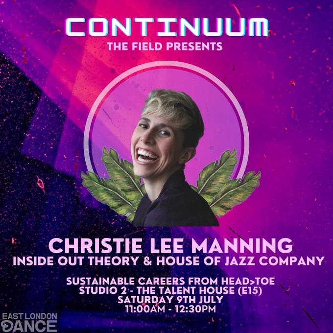 Promotional image for Continuum Festival. Headshot of Christie Lee Manning on a purple glitchy background. Text reads 'Sustainable Careers from Head to Toe, Studio 2- The Talent House (E15), Saturday 9th July, 11 am to 12:30 pm.
