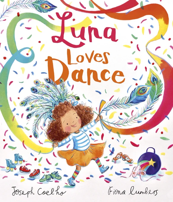 Book jacket with illustration of a young girl dancing with multicoloured ribbons. She wears a striped shirt and flared skirt, colourful shoes and crown of peacock feathers. On the floor, an assortment of dancing shoes. Title in the centre with creative credits at the bottom