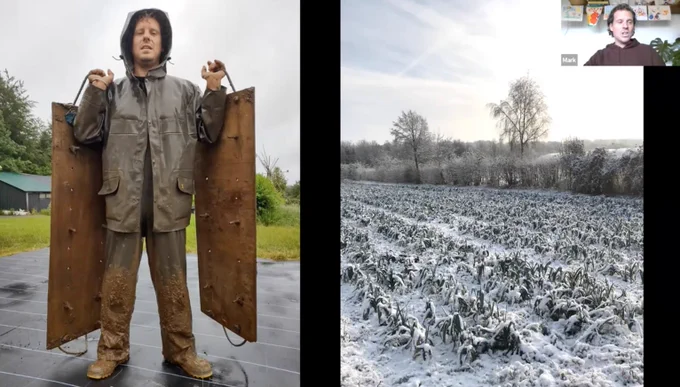A screenshot of an online presentation with two photos displayed. The first shows Mark from Diggin Roots wearing waterproof and holding two large boards with rope handles. His legs are covered in mud. The second shows a field of leeks covered in snow. 