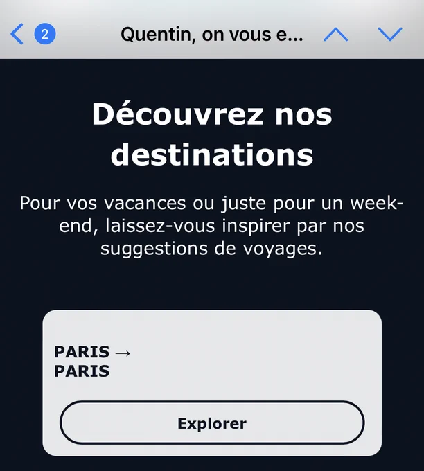 Un e-mail marketing de la SNCF proposant de réserver un voyage de Paris à Paris. 