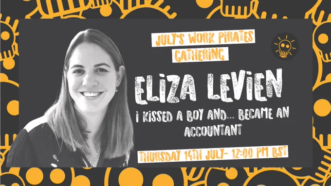 Image ID: A black and white photo of Eliza next to the details of her event listed in the post copy