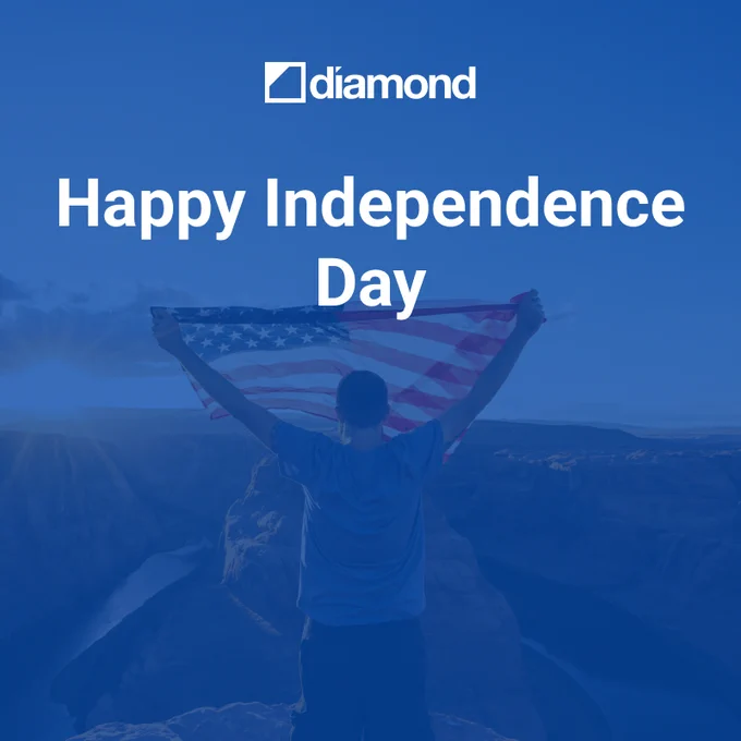 Person holding an American flag in font of a sunrise: Happy Independence Day.