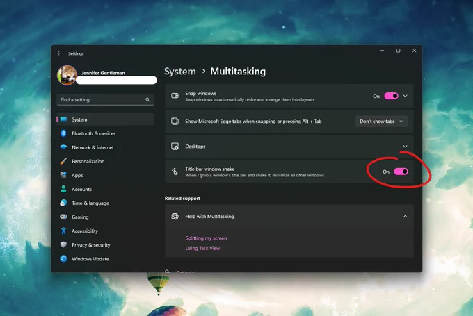 The title bar shake setting under multitasking