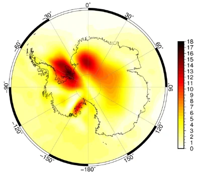 Map of GRACE mascon error due to GIA model uncertainty over Antarctica