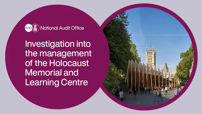 Text reads Investigation into the management of the Holocaust Memorial and Learning Centre. Image shows the Holocaust memorial courtyard with the Houses of Parliament in the background.