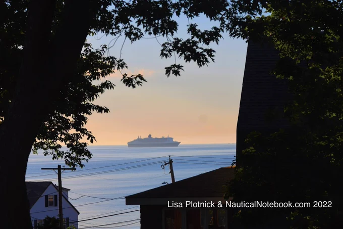 The ocean liner Queen Mary 2 appears in profile in the distance, framed by nearby trees and rooftops.