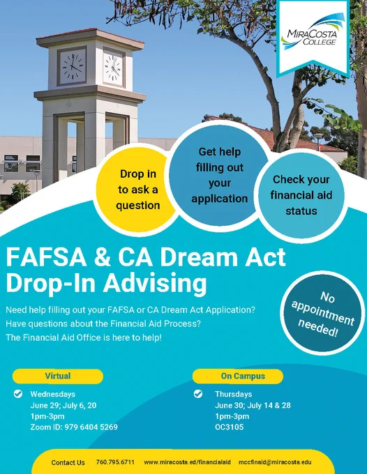 Need help filling out your FAFSA or CA Dream Act Application? Drop-in advising is available to @MiraCosta  students virtually on Wednesdays and in-person on Thursdays! miracosta.edu/financialaid #Financialaid #MCC #MiraCosta #CADreamACT #FAFSA #online #campus
