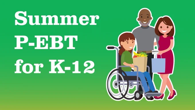 Summer P-EBT for K-12. Image of a girl in a wheelchair with a bag of groceries, next to a man and woman holding a P-EBT card.