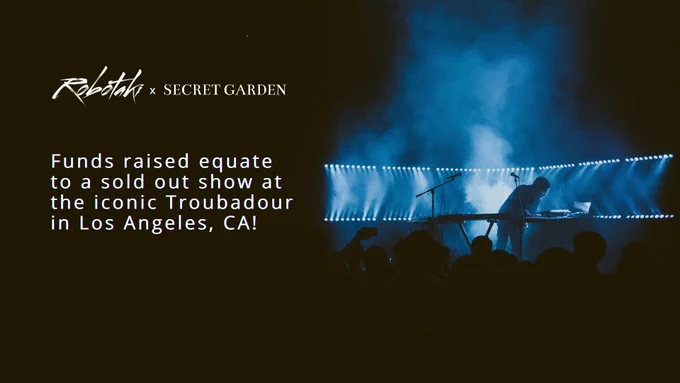 Robotaki live show photo with text: “Funds raised equate to a sold out show at the iconic Troubadour in Los Angeles, CA!”