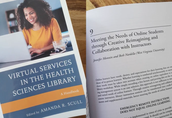 A photo of the book "Virtual Services in the Health Sciences Library: A Handbook" edited by Amanda R. Scull beside a photo of chapter 9 which is co-authored by me. 
