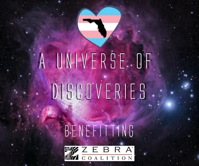 Image description: A pink, blue and white galaxy swirls as the background of this image. Overlaid on top of the galaxy is a heart with the trans flag inside and a black silhouette of the state of Florida. Underneath in white text is written "A Universe of Discoveries Benefitting Zebra Coalition.