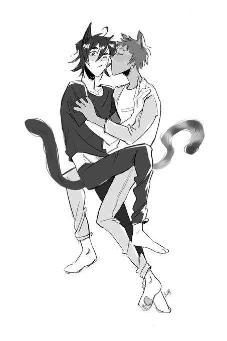 catboys Keith and Lance tangled together. Lance is giving Keith a little kitten lick, they both have fluffy tails, Keith is a black cat and Lance is a calico.