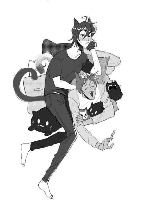 Keith and Lance cuddle on top of a pile of cat shaped cushions. Keith is scritching Lance's ears with a blush on his face, Lance is meowing happily, and also hold a couple of kitty cushions in his arms. Klance's tails curl in together to form a heart.
