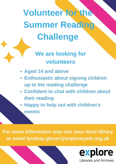 Poster describing summer reading challenge volunteer requirements
