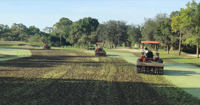 Deep tine aeration of fairways.