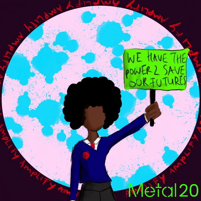 An illustration of a young black person with an afro in a blue school jumper, white shirt and red tie, holding a bright green placard sign which reads ‘We have the power 2 save our futures’. The young person is illustrated over the centre of a pink circle with blue splatters, surrounded by a black background. Around the circle the word ‘Amplify’ is written repeatedly in red lettering.