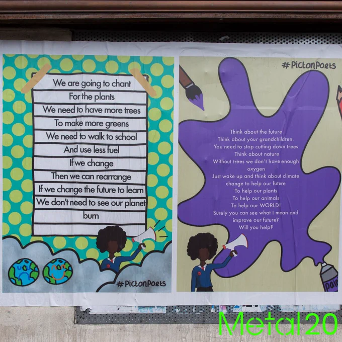 Poems created by two young people on colourful billboards, with the hashtag ‘#PictonPoets’ in handwritten black lettering, and the illustration of the young person on each border.