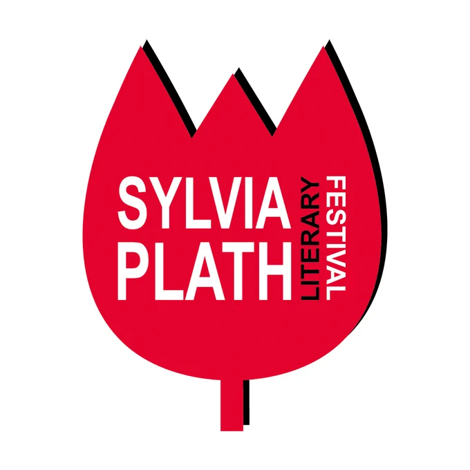 Logo for the Sylvia Plath Literary Festival. The graphic is a red tulip is an abstract design with black shadowing. In the tulip the text reads 'Sylvia Plath Literary Festival.'