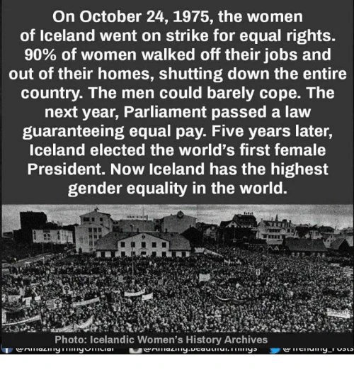 On October 24, 1975, the women of Iceland went on strike for equal rights. 90 percent of women walked of their jobs and out of their homes, shutting down the entire country. The next year, Parliament passed a law guaranteeing equal pay #Anonymous