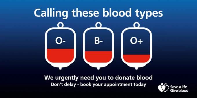 Three blood bags labelled O-, B- and O  with a small amount of blood in each. There is some text above which says 'Calling these blood types.' Text below says 'We urgently need you to donate blood. Don't delay - book your appointment today.' The blood donation logo appears at the bottom of the image and the NHS logo in the top right hand corner. 