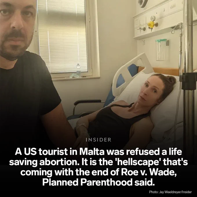 Image depicting Andrea Prudente, who is being refused a life-saving abortion, and her partner Jay Weeldreyer, with text that reads: “A US tourist in Malta was refused a life saving abortion. It is the 'hellscape' that's coming with the end of Roe v. Wade, Planned Parenthood said.”