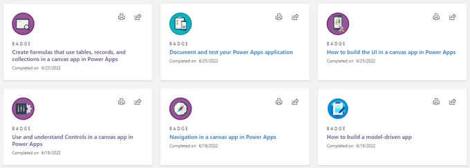 collection of badges from powerapps courses in microsoft learn.
