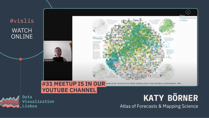 Dr. Katy Borner on the left during her presentation for Data Visualization Lisboa Youtube channel. On the right a data visualization showing Wikipedia activity focused on science and tech related articles.