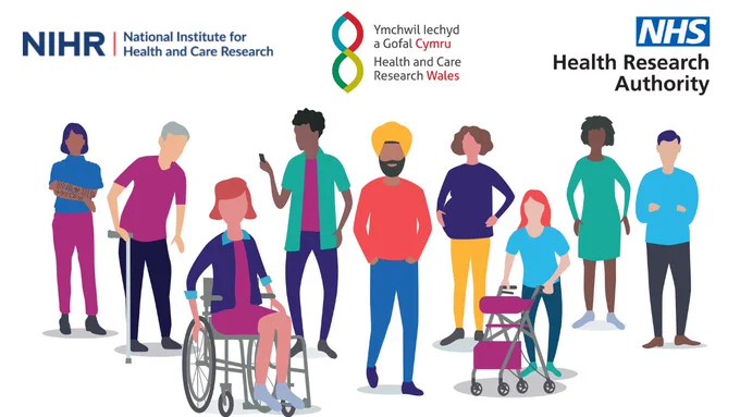 Logos for National Institute of Health and Care Research, Health and Care Research Wales, and the Health Research Authority. Cartoon images of a variety of people.