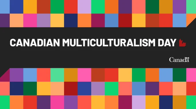 Multicoloured squares, with a black banner with text overlay: Canadian Multiculturalism Day.

Canada wordmark