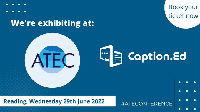 A marketing image for ATEC conference.  It's in blue and has the logo on it along with the date (29th June) and the location (Reading). It also has the words "Book now" on the image.