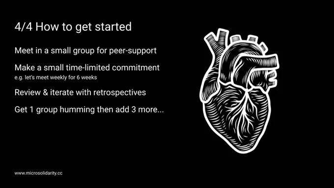 4/4 How to get started

Meet in a small group for peer-support

Make a small time-limited commitment  e.g. let’s meet weekly for 6 weeks

Review & iterate with retrospectives

Get 1 group humming then add 3 more...