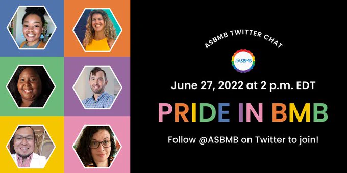 In this invitation to ASBMB's Pride in BMB Twitter chat, photos of panelists framed in white hexagons are on the left side of the graphic. Inayah Entzminger's photo is against a blue square, Heather Masson-Forsythe's is against an orange square, Raechel McKinley's is against a green square, Eric Patridge's is against a purple square, Michel Geovanni Santiago-Martínez's is against a yellow square and Allie Smith's is against a pink square. To the right is a black rectangle with the words ASBMB Twitter chat in white in the shape of an arch above the ASBMB's logo, which is in a circular rainbow frame, made of red, orange, yellow, green, blue and purple rigged sections. The text June 27, 2022 at 2 p.m. EDT is below the logo, followed by PRIDE IN BMB in rainbow text. The next line reads: "Follow @ASBMB on Twitter to join!", also in white text.