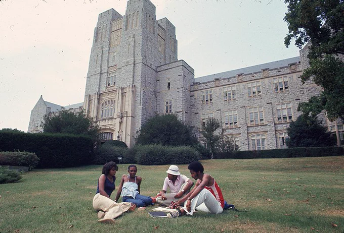 students study outside of Burrus Hall