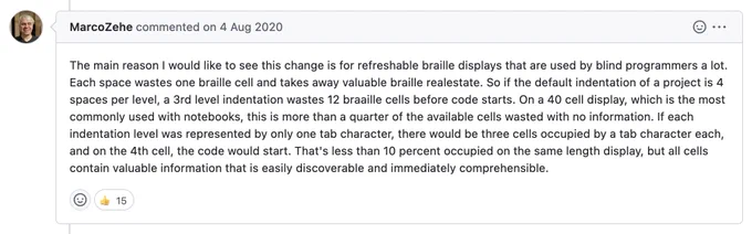 GitHub comment from MarcoZehe on 4 Aug 2020:

The main reason I would like to see this change is for refreshable braille displays that are used by blind programmers a lot. Each space wastes one braille cell and takes away valuable braille realestate. So if the default indentation of a project is 4 spaces per level, a 3rd level indentation wastes 12 braaille cells before code starts. On a 40 cell display, which is the most commonly used with notebooks, this is more than a quarter of the available cells wasted with no information. If each indentation level was represented by only one tab character, there would be three cells occupied by a tab character each, and on the 4th cell, the code would start. That's less than 10 percent occupied on the same length display, but all cells contain valuable information that is easily discoverable and immediately comprehensible.