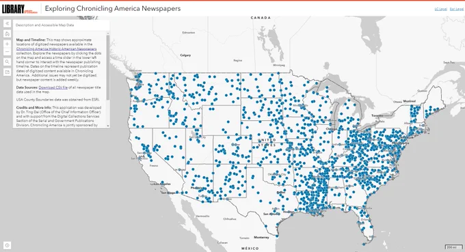 Web map of Chronicling America newspaper print locations across the United States.