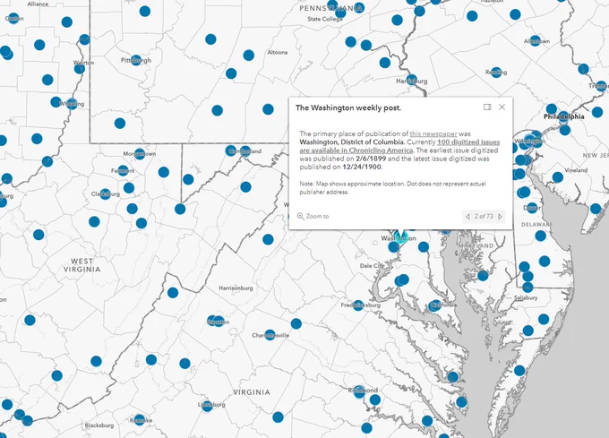 Detail of web map of Chronicling America newspaper print locations, with map point pop-up for the Washington Weekly Post displayed.