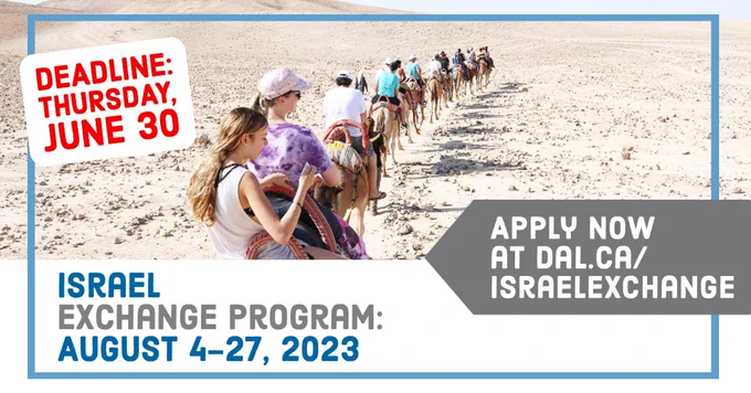 A group of students riding camels in a desert. The text indicating that the deadline of the program is June 30, Thursday along with the link to apply. 