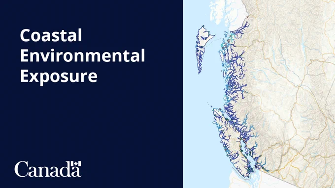 Map of Canada's west coast with a dataset on Coastal Environmental Exposure overlaid 