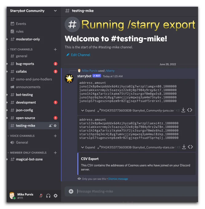 Screenshot of a Discord screen where the command "/starry export" has been run. It shows two CSV exports that can be imported into Juno Tools or other similar places