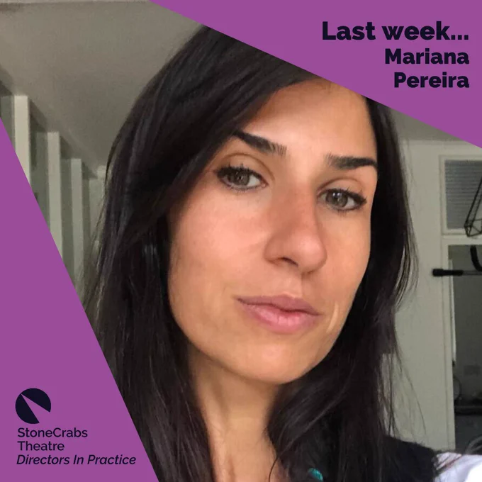 A square which has a purple background with a spotlight shining from the upper left corner which has a photo in it. The photo shows a young woman with long dark brown hair. Dark indigo text in the upper right corner reads: Last week...Mariana Pereira.